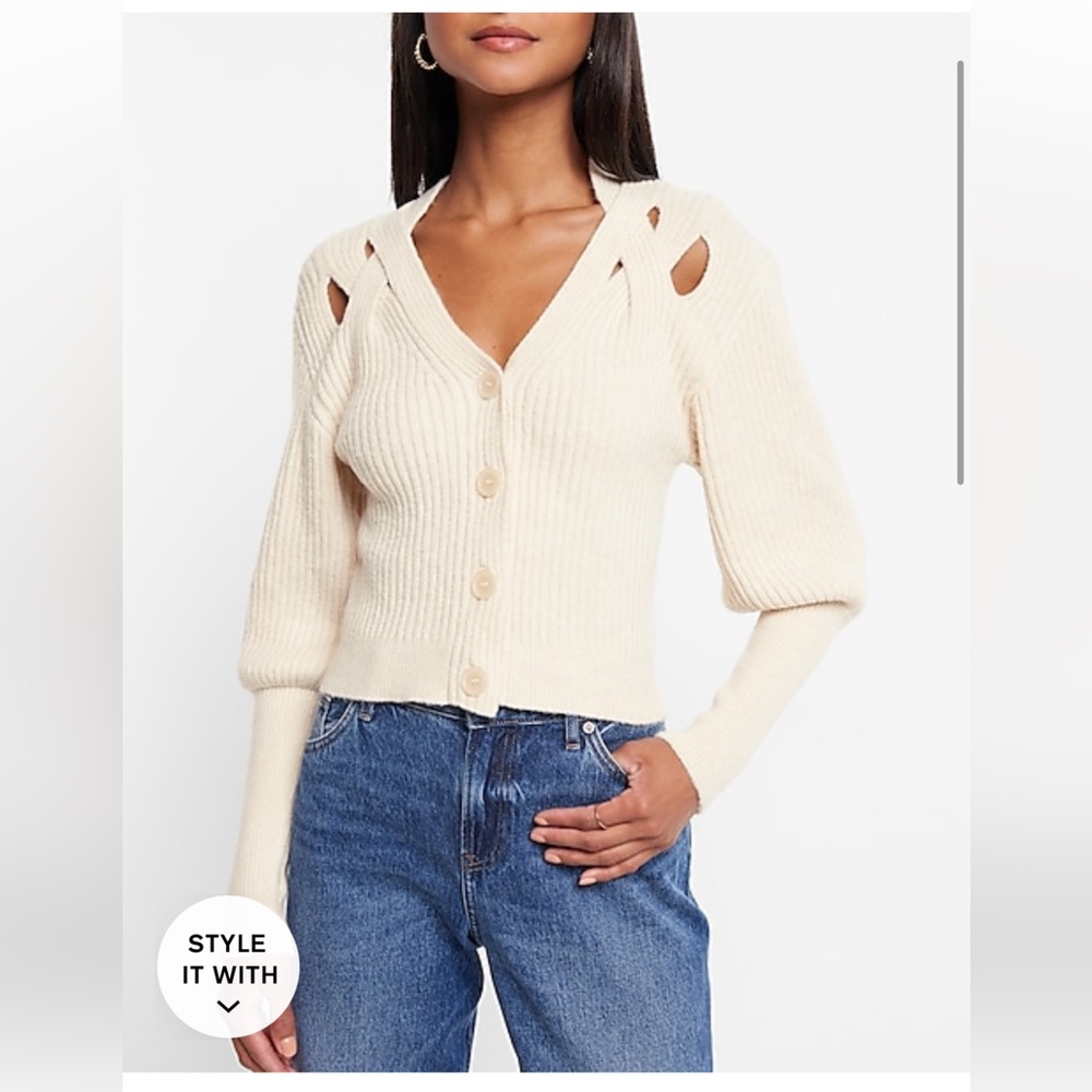 Express V-Neck Balloon Sleeve Criss Cross Cutout Cardigan